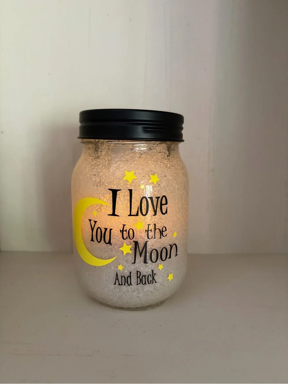 I Love You to the Moon And Back Decorative Jar - Black Lid, Yellow Moon & Stars